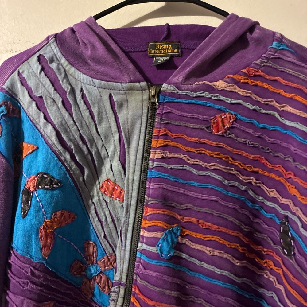 Rising International Boho Patchwork Zip Hoodie Purple Cotton XL - Picture 5 of 10